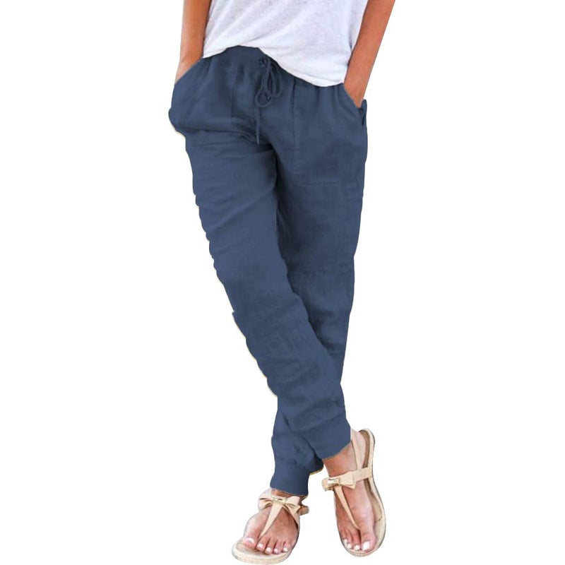 Puimentiua Womens Tapered Pants Cotton Linen Drawstring Back Elastic Waist Pants Casual Trousers with Pockets Navy - Image 1